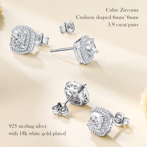 Dainty Birthstone Earrings for Women Sterling Silver Small Stud Earrings with Halo Cushion/Round Created Gemstone Earrings Birthstone Jewelry - style: A 04. Apr./cubic zirconia-cushion cut
