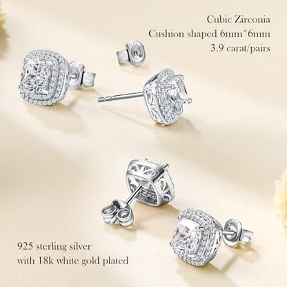 Dainty Birthstone Earrings for Women Sterling Silver Small Stud Earrings with Halo Cushion/Round Created Gemstone Earrings Birthstone Jewelry - style: A 04. Apr./cubic zirconia-cushion cut