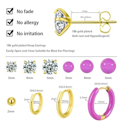 12 Pairs Stud & Hoop Earrings Set for Women 2-5mm Colorful Ball & Cubic Zirconia Stud earrings 8/10/12mm Hoop Earrings Hypoallergenic Stainless Steel Jewelry Gift Collection - color: purple