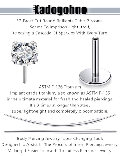 F136 Titanium 20/18/16g Internally Threaded Medusa Monroe Lip Ashley Labret Nose Rings Flat Back Tragus Helix Cartilage Conch Screw Stud Earrings Surgical Steel Piercing Jewelry for Women - color: White CZ, size: 18g*1/4in