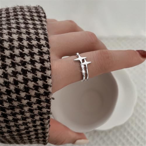 Dainty Twin Star Adjustable Open Wrap Ring for Women Silver Plated Stacking Statement Crystal Celestial Finger Rings Layered Comfort Fit Fashion Birthday Holiday Jewelry Gift