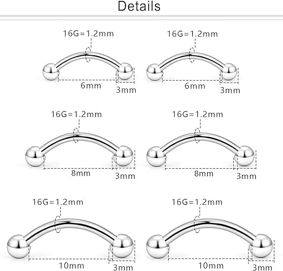6prs(12pcs) Surgical Steel Tiny Curved Eyebrow Ear Navel Belly Lip Ring Barbell Piercing Jewelry 16g 6mm/8mm/10mm (Steel)