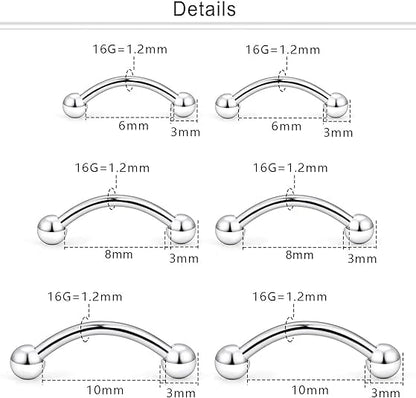 6prs(12pcs) Surgical Steel Tiny Curved Eyebrow Ear Navel Belly Lip Ring Barbell Piercing Jewelry 16g 6mm/8mm/10mm (Steel)