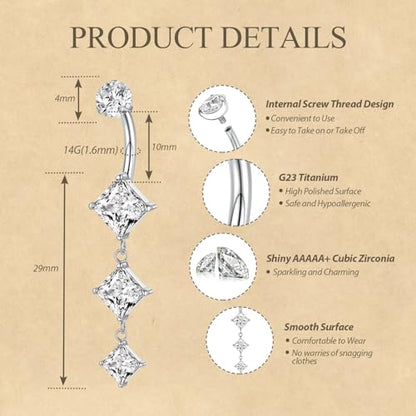 FUNLMO Dangle Belly Button Ring Titanium Belly Rings Belly Button Piercing Cube Zircon Internally Threaded Floating Navel Piercing Jewelry 14G 10mm - color: Silver,Clear CZ