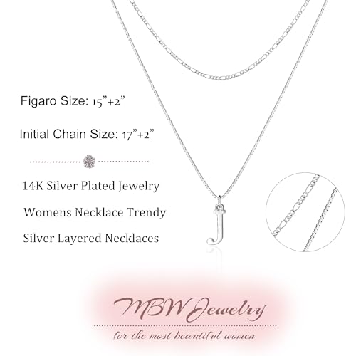 MBW Dainty Silver Layered Initial A-Z Pendant Necklaces for Women Thin | Simple Waterproof 925 Silver Plated Necklace Figaro Choker Monogram Name Jewelry Set Personalized - color: Silver InitIal NK-J