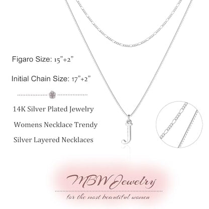 MBW Dainty Silver Layered Initial A-Z Pendant Necklaces for Women Thin | Simple Waterproof 925 Silver Plated Necklace Figaro Choker Monogram Name Jewelry Set Personalized - color: Silver InitIal NK-J