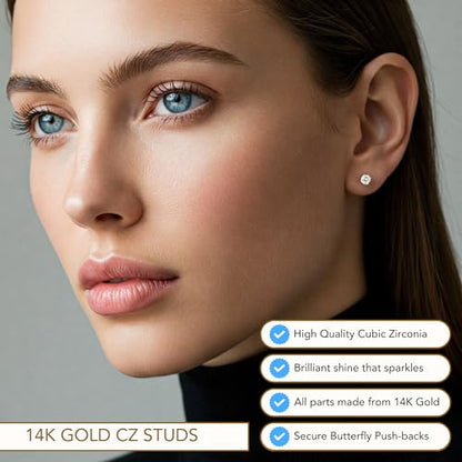 14k Yellow Gold Solitaire Round Cubic Zirconia Stud Earrings - Pushbacks - style: 4mm