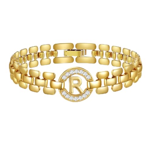 WEDDINEN Initial Bracelets for Women, 14K Gold Plated Letter A-Z Bracelets with Diamonds,Thick Chain Bracelet for Women trendy Jewelry Gifts - color: Gold-R