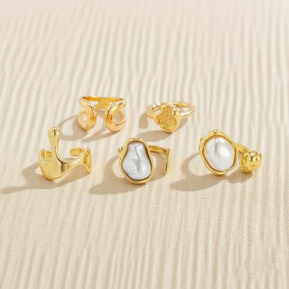 CSIYANJRY99 Gold Silver Rings Set for Women Trendy Irregular Chunky Gold Ring Baroque Pearl Rings Stackable Statement Knuckle Ring Jewelry - color: C-Gold
