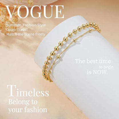 Gold Bracelets for Women Trendy Layered Dainty Bracelet | Minimalist Stack Bead Chain Gold Plated Stainless Steel Bracelets Fashion Waterproof Jewelry Gift for Women Mother's Day