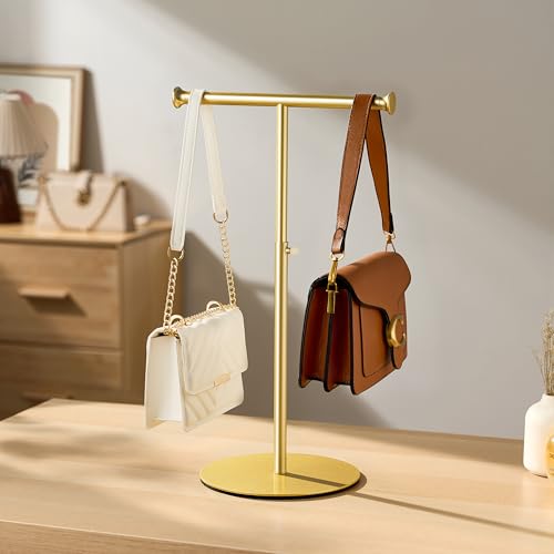 niffgaff 15"-24" T Bar Purse Display Stand Tabletop | Adjustable Height Handbag Holder, Countertop Hanging Rack for Lanyard, Long Necklace, Jewelry, Scarf, Gold - color: Gold
