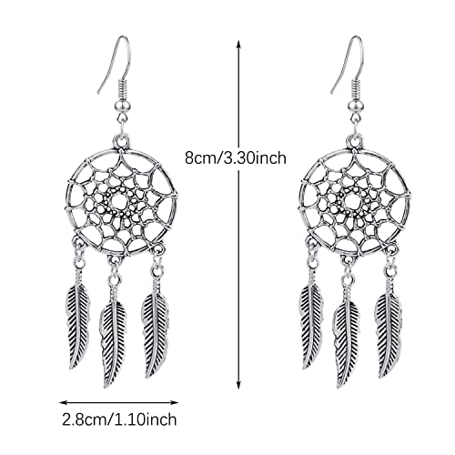 KaFu Woman Retro Silver BOHO Style Metal Dangle Drop Earrings Dream Catcher Statement Feather Dangle Tassels Turquoise Earrings for Women Girls - color: Silver-2
