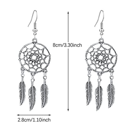 KaFu Woman Retro Silver BOHO Style Metal Dangle Drop Earrings Dream Catcher Statement Feather Dangle Tassels Turquoise Earrings for Women Girls - color: Silver-2