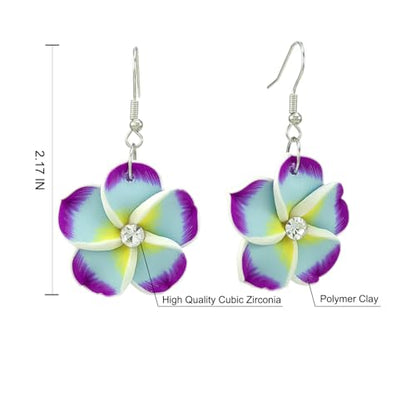 Floral Dangle Earrings for Women Hawaiian Tropical Plumeria Rubra Flower Drop Earrings with Cubic Zirconia Luau Beach Party Vacation Hawaiian Accessories Jewelry Gift - color: Purple
