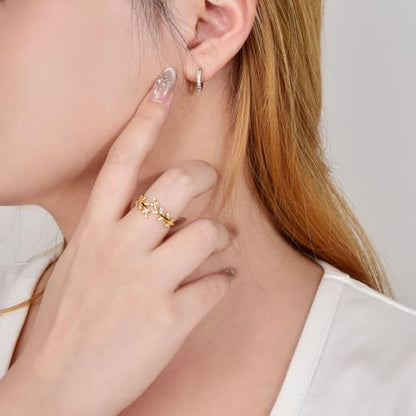 Olive Branch Ring for Women 925 Sterling Silver 14K Gold plated thin Paved CZ Cubic Zirconia Thumb Pinky Wrap Around leaf Ring Promise Stackbale Band Size 5-10 - color: 14K Gold