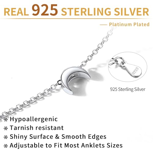 ChicSilver Personalized 925 Sterling Silver Tiny Heart/Moon/Star/Sun/Dot/Triangle Anklets Simple Dainty Foot Jewelry for Women, Silver/Gold Plated/Rose Gold Plated - style: Silver Moon