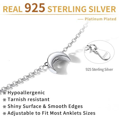 ChicSilver Personalized 925 Sterling Silver Tiny Heart/Moon/Star/Sun/Dot/Triangle Anklets Simple Dainty Foot Jewelry for Women, Silver/Gold Plated/Rose Gold Plated - style: Silver Moon