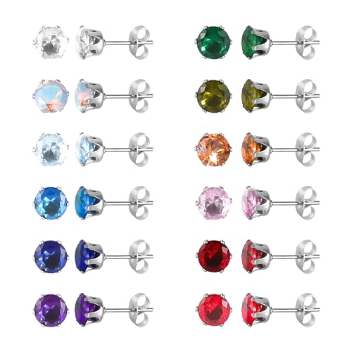 12 Pairs Surgical Stainless Steel Stud Earring Round Heart Star Square Cubic Zirconia Birthstone Stud Earrings Set for Women - color: Silver round 6mm