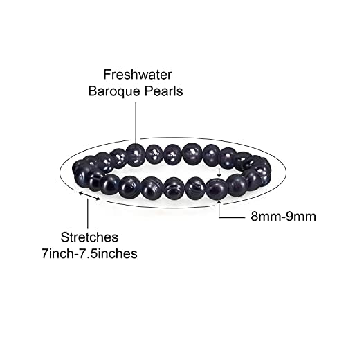 Savlano 8-9MM Cultured Freshwater Baroque Pearl Stretch Bracelet 7 Inches. Available In a Range of Beautiful Colors, For Women Comes with Gift Box - color: Black