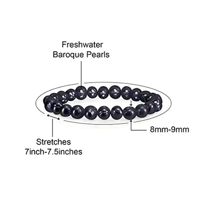 Savlano 8-9MM Cultured Freshwater Baroque Pearl Stretch Bracelet 7 Inches. Available In a Range of Beautiful Colors, For Women Comes with Gift Box - color: Black