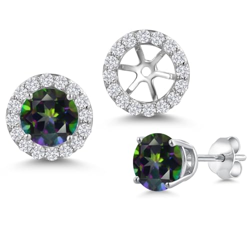 Gem Stone King 14K White Gold 6MM Round Gemstone Birthstone Stud Earrings with Removable Jackets and Lab Grown Diamond Accents | Gold Earrings For Women | Fine Jewelry Gift for Her Mom Women Wife - color: Green Mystic Topaz
