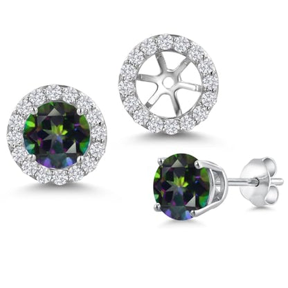 Gem Stone King 14K White Gold 6MM Round Gemstone Birthstone Stud Earrings with Removable Jackets and Lab Grown Diamond Accents | Gold Earrings For Women | Fine Jewelry Gift for Her Mom Women Wife - color: Green Mystic Topaz