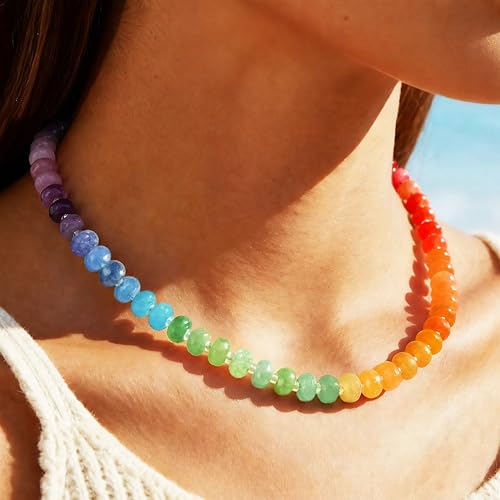 HAXIYA Colorful Beades Gemstone Necklace for Women Boho Beaded Choker | Rainbow Natural Stone Chunky Bead Surfer Summer Beach Necklaces Jewelry Hypoallergenic - color: Rainbow