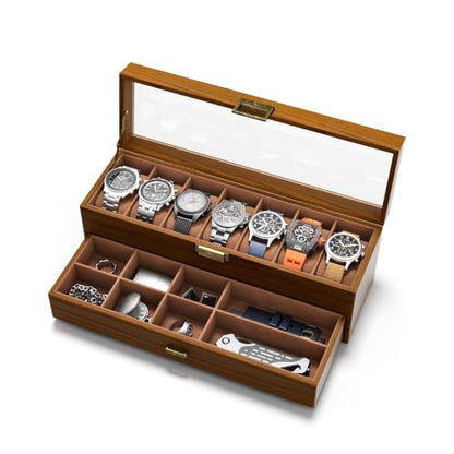 Watch Case Box for Men - Ultra-thin Frame Wide Display 7 Slots 2-Layer Wood Grain Watch Storage Organizer with Jewelry Drawer, Real-glass Display Case Collection Box Gift for Dad Husband - size: 7 Slots, Wooden Pattern