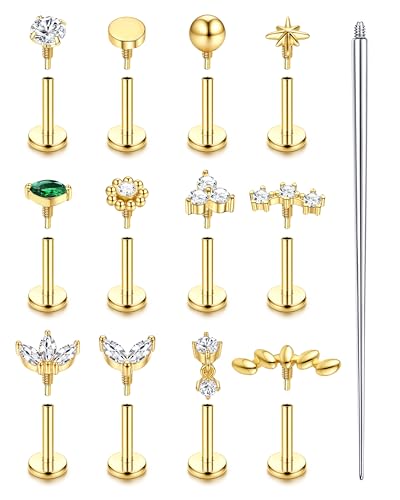 ORAZIO 18G 16G Hypoallergenic Flat Back Earrings Stud Earrings - 316L Surgical Steel Internal Thread Stud Piercing Jewelry for Tragus/Helix/Conch/Medusa/Lip/Labret - Helix Tragus Cartilage Earrings for Women - color: 14k Gold Plated, size: 18g-6MM