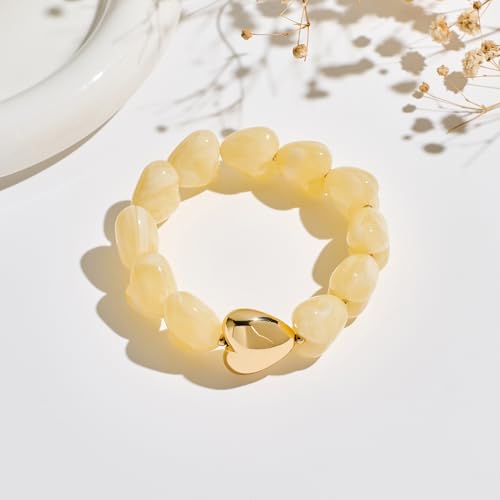 WOWORAMA Chunky Beaded Bracelets for Women Colorful Large Square Beads Bracelet Boho Acrylic Resin Stretch Bracelets Statement Chunky Bracelet Summer Jewelry - color: Heart-Beige