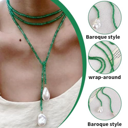 1 Piece Wrap Around Necklace Long Emerald Beaded Slip Tie Adjustable Black Beads Choker Baroque Y Shaped Long Pearl Drop Lariat Necklace for Women