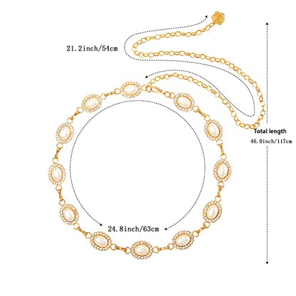 WELROG Metal Waist Chain Belt for Women - Pearls Gold Silver Chain Belts for Dresses Jeans - color: Oval Pearl - Gold