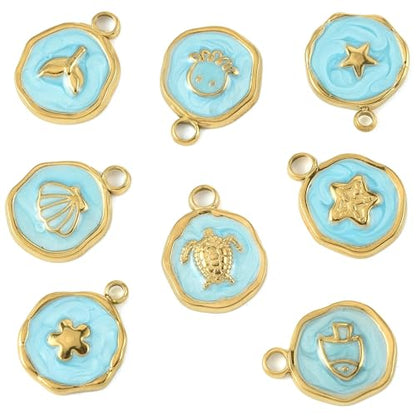 8-64Pcs Silver Goldern Color Heart Pendants Charms 10 Styles Heart Stainless Steel Metal Charms for Jewelry Making Crafting Necklaces Bracelets Earrings Keychains Birthday Gift - color: Flat ROund Sea Animal-8 pcs