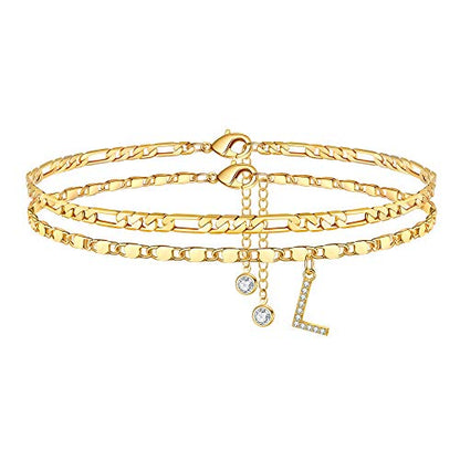 Ursteel Ankle Bracelets for Women, 14K-Gold-Plated Dainty Layered Chain CZ Initial Anklets Set Summer Jewelry Gifts for Women - style: L-Gold-Plated