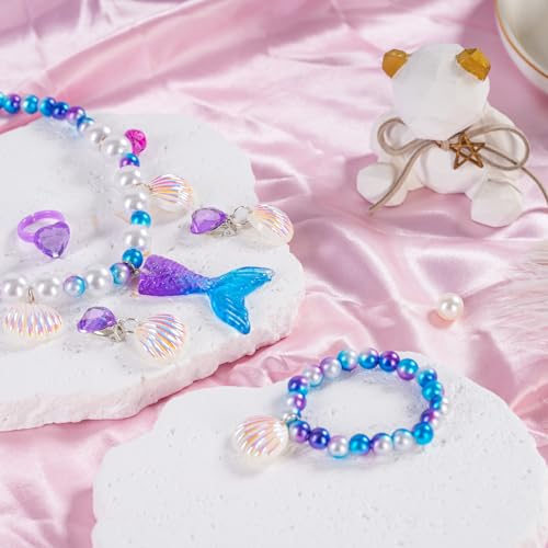 Mermaid Necklace Bracelet Set Mermaid Jewelry Kit Included Shell Necklace Bracelet Ring Earrings Accessories - color: Purple+blue