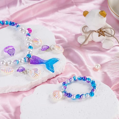 Mermaid Necklace Bracelet Set Mermaid Jewelry Kit Included Shell Necklace Bracelet Ring Earrings Accessories - color: Purple+pink