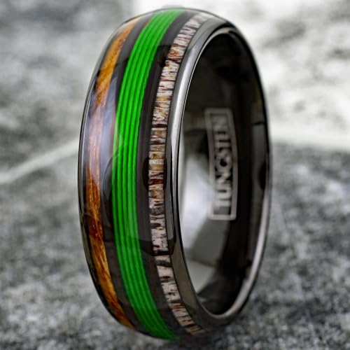 Ravishing 8mm Polished Black Tungsten Carbide Low Dome Band Ring with Green Fishing Line Between Whiskey Barrel Oak Wood and Deer Antler Inlays.