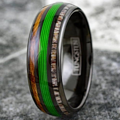 Ravishing 8mm Polished Black Tungsten Carbide Low Dome Band Ring with Green Fishing Line Between Whiskey Barrel Oak Wood and Deer Antler Inlays.