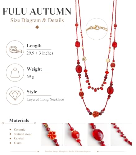 FULU AUTUMN Long Layered Beaded Necklaces for Women Statement Double Bead Strand Ceramic Flower Boho Jewelry Gifts for Mom - color: Red