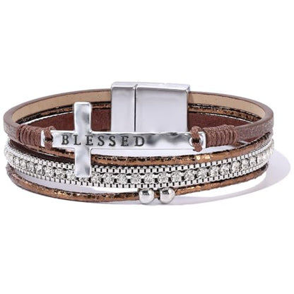 Boho Leather Wrap Bracelets Beaded Stackable Cuff Bracelet Country Concert Outfits Cowboy Cowgirl Western Jewelry Gifts for Women - color: Cross-Brown