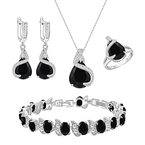 GZWHD Jewelry Set for Women Water Drop Cubic Zirconia Artificial Crystal Earrings Pendant Necklace Open Ring Tennis Bracelet Wedding Anniversary Birthday Engagement Gift for Bridesmaid Wife Girlfriend Friend - color: Black