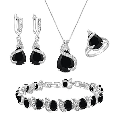 GZWHD Jewelry Set for Women Water Drop Cubic Zirconia Artificial Crystal Earrings Pendant Necklace Open Ring Tennis Bracelet Wedding Anniversary Birthday Engagement Gift for Bridesmaid Wife Girlfriend Friend - color: Black