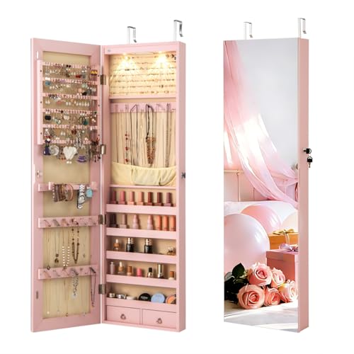 NAFORT 2 LEDs Jewelry Armoire with Full Length Mirror, Lockable Hanging Jewelry Organizer Cabinet with Categorical Storage, Wall or Door Mounted Jewelry Box with 2 Drawers for Cosmetic, Light Pink - color: Light Pink