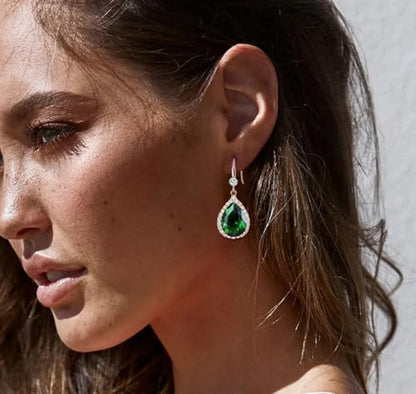 Crystal Drop Earrings for Women Cubic Zirconia Teardrop Earrings Sparkling Rhinestone Dangle Earring - color: Gold Green
