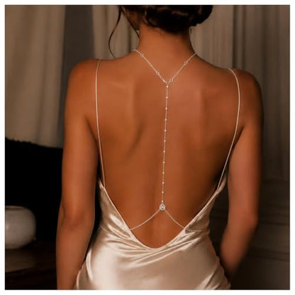 Rhinestone Back Chain Necklace,Crystal Drop BackDrop Jewelry,Wedding Bridal Long Pearl Back Necklace Jewelry for Women Backless Dress - color: Silver