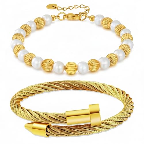 2PCS 18K Gold Plated Nail Bangle & Chain Bracelet Set for Women, Adjustable Stackable Bangle Jewelry, Dainty Gold Bracelet Gift for Women - color: Set C-peal