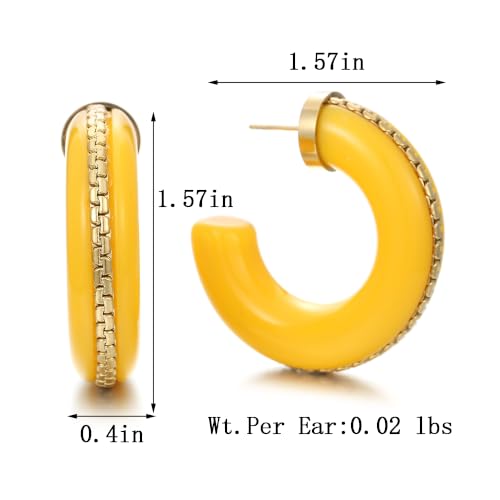 Gold Plated Resin Chunky Hoop Earrings Hypoallergenic Push Back Hoops for Sensitive Ears - color: Lemon Yellow