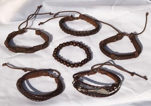 8Pcs Punk Leather Bracelet Set for Men & Women, 6Pcs Braided PU Cuffs, Necklace & Keychain, Adjustable, Stackable - style: BrownWings