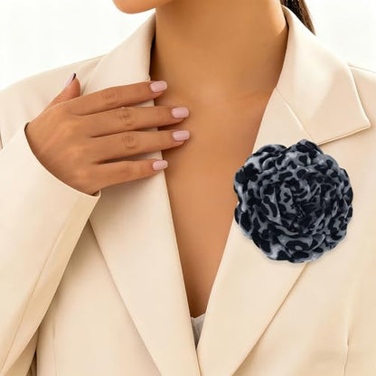 PLwelth Large Flower Brooch Pins Floral Hair Clips for Women Lapel Pins for Dress Clothes Suits Wedding Party Jewelry Gifts - color: Leopard Print-Grey