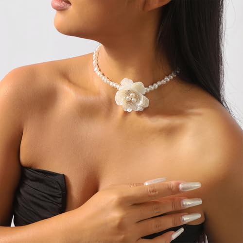 White Pearl Flower Choker Necklaces for Women Large Fashion Camellia French Collar Necklace Trendy Big Pearl Beaded Floral Statement Jewelry Petal Accessories